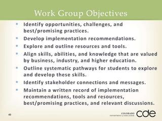 Work Group Objectives 
40 
 Identify opportunities, challenges, and 
best/promising practices. 
 Develop implementation recommendations. 
 Explore and outline resources and tools. 
 Align skills, abilities, and knowledge that are valued 
by business, industry, and higher education. 
 Outline systematic pathways for students to explore 
and develop these skills. 
 Identify stakeholder connections and messages. 
 Maintain a written record of implementation 
recommendations, tools and resources, 
best/promising practices, and relevant discussions. 
 