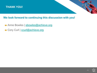 THANK YOU! 
44 
We look forward to continuing this discussion with you! 
Anne Bowles | abowles@achieve.org 
Cory Curl | ccurl@achieve.org 
 