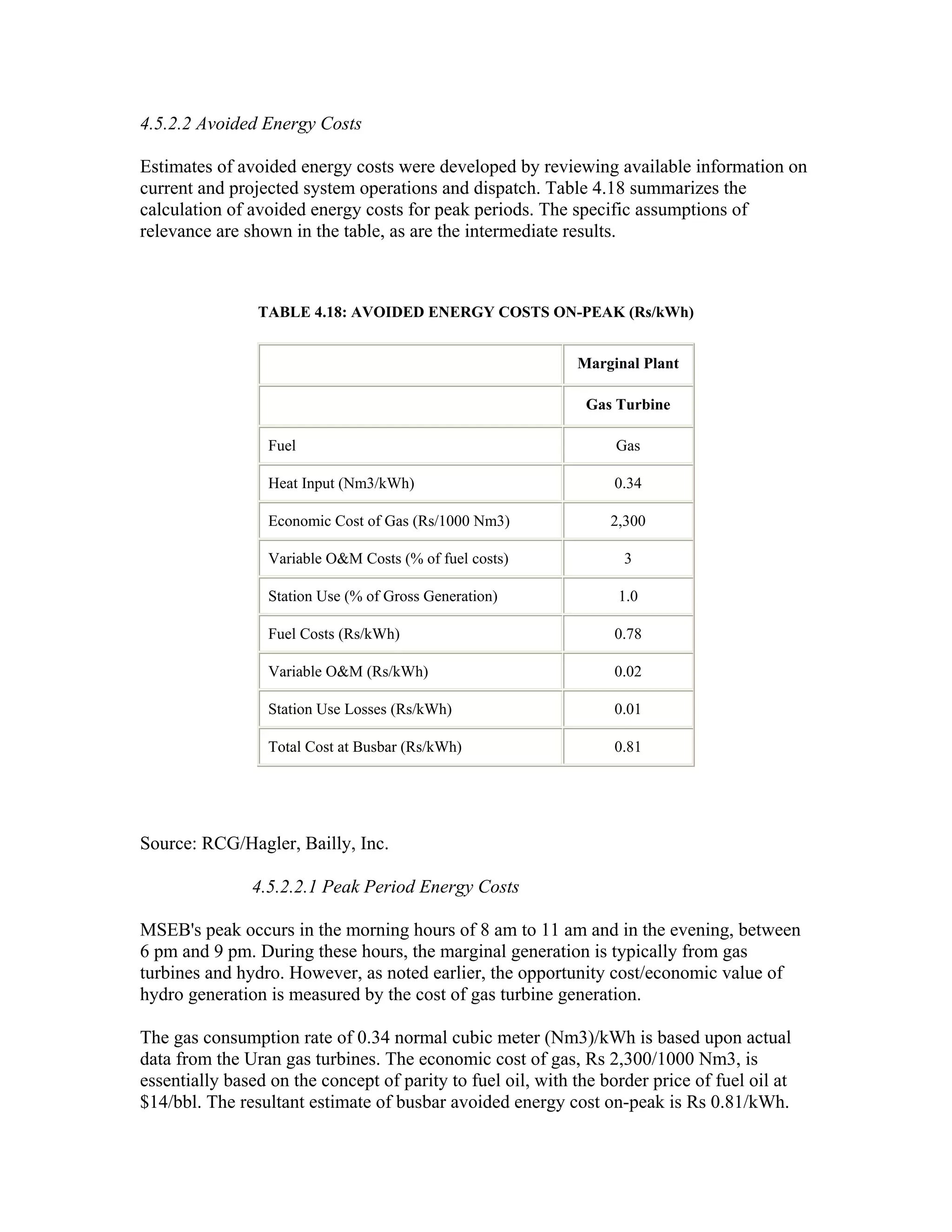 4.5.2.2 Avoided Energy Costs

Estimates of avoided energy costs were developed by reviewing available information on
current and projected system operations and dispatch. Table 4.18 summarizes the
calculation of avoided energy costs for peak periods. The specific assumptions of
relevance are shown in the table, as are the intermediate results.



                TABLE 4.18: AVOIDED ENERGY COSTS ON-PEAK (Rs/kWh)


                                                             Marginal Plant

                                                              Gas Turbine

                  Fuel                                             Gas

                  Heat Input (Nm3/kWh)                             0.34

                  Economic Cost of Gas (Rs/1000 Nm3)              2,300

                  Variable O&M Costs (% of fuel costs)              3

                  Station Use (% of Gross Generation)              1.0

                  Fuel Costs (Rs/kWh)                              0.78

                  Variable O&M (Rs/kWh)                            0.02

                  Station Use Losses (Rs/kWh)                      0.01

                  Total Cost at Busbar (Rs/kWh)                    0.81




Source: RCG/Hagler, Bailly, Inc.

               4.5.2.2.1 Peak Period Energy Costs

MSEB's peak occurs in the morning hours of 8 am to 11 am and in the evening, between
6 pm and 9 pm. During these hours, the marginal generation is typically from gas
turbines and hydro. However, as noted earlier, the opportunity cost/economic value of
hydro generation is measured by the cost of gas turbine generation.

The gas consumption rate of 0.34 normal cubic meter (Nm3)/kWh is based upon actual
data from the Uran gas turbines. The economic cost of gas, Rs 2,300/1000 Nm3, is
essentially based on the concept of parity to fuel oil, with the border price of fuel oil at
$14/bbl. The resultant estimate of busbar avoided energy cost on-peak is Rs 0.81/kWh.
 