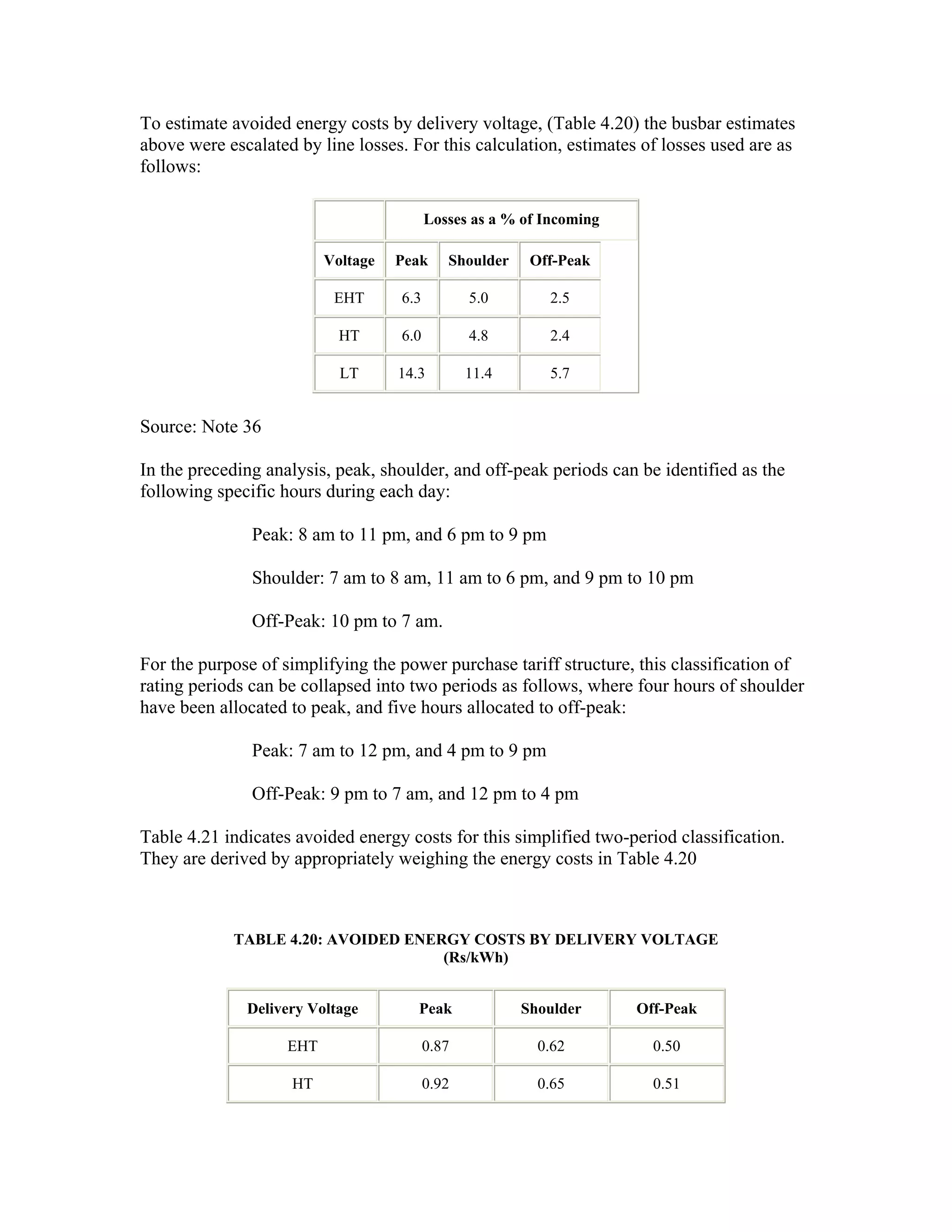 To estimate avoided energy costs by delivery voltage, (Table 4.20) the busbar estimates
above were escalated by line losses. For this calculation, estimates of losses used are as
follows:

                                          Losses as a % of Incoming

                          Voltage   Peak     Shoulder    Off-Peak

                           EHT      6.3          5.0        2.5

                            HT      6.0          4.8        2.4

                            LT      14.3         11.4       5.7


Source: Note 36

In the preceding analysis, peak, shoulder, and off-peak periods can be identified as the
following specific hours during each day:

               Peak: 8 am to 11 pm, and 6 pm to 9 pm

               Shoulder: 7 am to 8 am, 11 am to 6 pm, and 9 pm to 10 pm

               Off-Peak: 10 pm to 7 am.

For the purpose of simplifying the power purchase tariff structure, this classification of
rating periods can be collapsed into two periods as follows, where four hours of shoulder
have been allocated to peak, and five hours allocated to off-peak:

               Peak: 7 am to 12 pm, and 4 pm to 9 pm

               Off-Peak: 9 pm to 7 am, and 12 pm to 4 pm

Table 4.21 indicates avoided energy costs for this simplified two-period classification.
They are derived by appropriately weighing the energy costs in Table 4.20



            TABLE 4.20: AVOIDED ENERGY COSTS BY DELIVERY VOLTAGE
                                    (Rs/kWh)


              Delivery Voltage         Peak             Shoulder      Off-Peak

                    EHT                   0.87            0.62          0.50

                    HT                    0.92            0.65          0.51
 