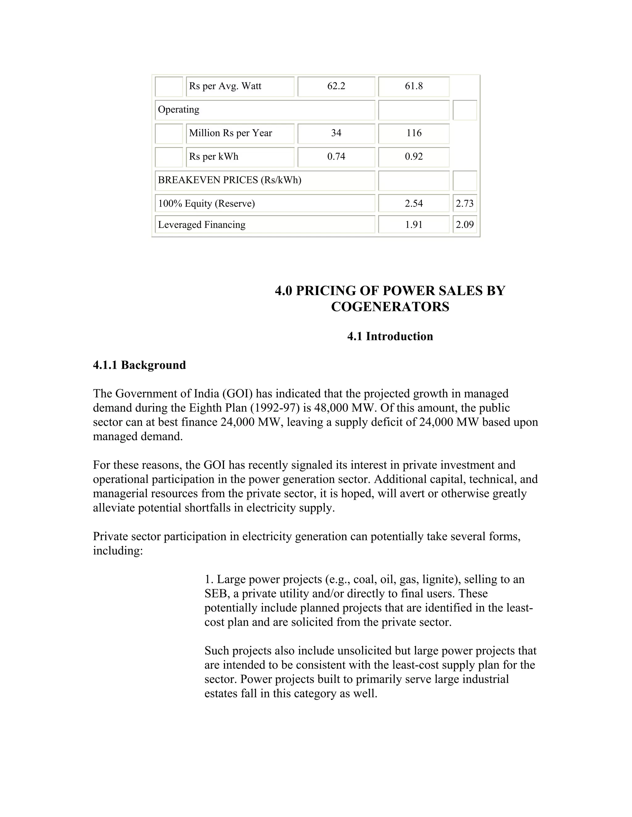 Rs per Avg. Watt               62.2             61.8

             Operating

                    Million Rs per Year            34               116

                    Rs per kWh                     0.74             0.92

             BREAKEVEN PRICES (Rs/kWh)

             100% Equity (Reserve)                                  2.54      2.73

             Leveraged Financing                                    1.91      2.09




                                          4.0 PRICING OF POWER SALES BY
                                                  COGENERATORS

                                                          4.1 Introduction

4.1.1 Background

The Government of India (GOI) has indicated that the projected growth in managed
demand during the Eighth Plan (1992-97) is 48,000 MW. Of this amount, the public
sector can at best finance 24,000 MW, leaving a supply deficit of 24,000 MW based upon
managed demand.

For these reasons, the GOI has recently signaled its interest in private investment and
operational participation in the power generation sector. Additional capital, technical, and
managerial resources from the private sector, it is hoped, will avert or otherwise greatly
alleviate potential shortfalls in electricity supply.

Private sector participation in electricity generation can potentially take several forms,
including:

                         1. Large power projects (e.g., coal, oil, gas, lignite), selling to an
                         SEB, a private utility and/or directly to final users. These
                         potentially include planned projects that are identified in the least-
                         cost plan and are solicited from the private sector.

                         Such projects also include unsolicited but large power projects that
                         are intended to be consistent with the least-cost supply plan for the
                         sector. Power projects built to primarily serve large industrial
                         estates fall in this category as well.
 