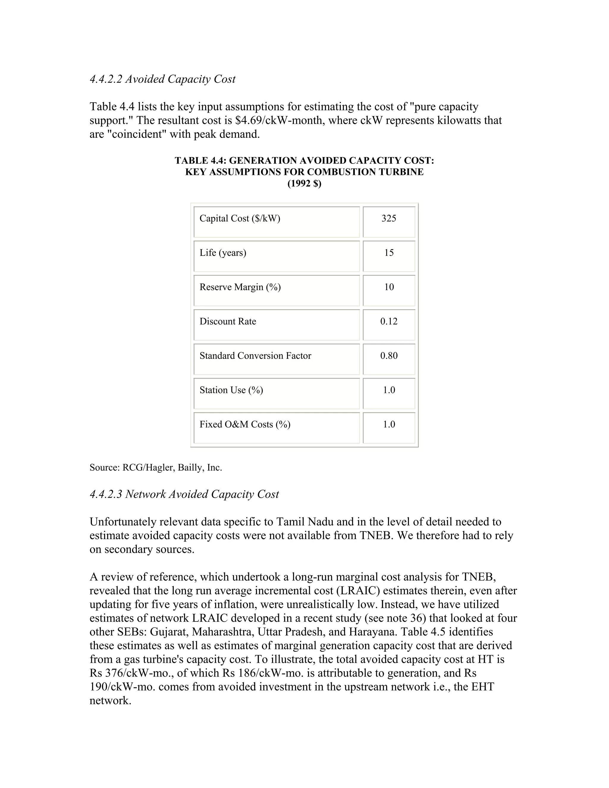 4.4.2.2 Avoided Capacity Cost

Table 4.4 lists the key input assumptions for estimating the cost of "pure capacity
support." The resultant cost is $4.69/ckW-month, where ckW represents kilowatts that
are "coincident" with peak demand.

                    TABLE 4.4: GENERATION AVOIDED CAPACITY COST:
                      KEY ASSUMPTIONS FOR COMBUSTION TURBINE
                                        (1992 $)


                          Capital Cost ($/kW)                 325


                          Life (years)                        15


                          Reserve Margin (%)                  10


                          Discount Rate                      0.12


                          Standard Conversion Factor         0.80


                          Station Use (%)                     1.0


                          Fixed O&M Costs (%)                 1.0



Source: RCG/Hagler, Bailly, Inc.

4.4.2.3 Network Avoided Capacity Cost

Unfortunately relevant data specific to Tamil Nadu and in the level of detail needed to
estimate avoided capacity costs were not available from TNEB. We therefore had to rely
on secondary sources.

A review of reference, which undertook a long-run marginal cost analysis for TNEB,
revealed that the long run average incremental cost (LRAIC) estimates therein, even after
updating for five years of inflation, were unrealistically low. Instead, we have utilized
estimates of network LRAIC developed in a recent study (see note 36) that looked at four
other SEBs: Gujarat, Maharashtra, Uttar Pradesh, and Harayana. Table 4.5 identifies
these estimates as well as estimates of marginal generation capacity cost that are derived
from a gas turbine's capacity cost. To illustrate, the total avoided capacity cost at HT is
Rs 376/ckW-mo., of which Rs 186/ckW-mo. is attributable to generation, and Rs
190/ckW-mo. comes from avoided investment in the upstream network i.e., the EHT
network.
 