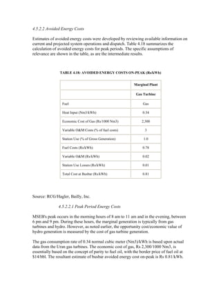 4.5.2.2 Avoided Energy Costs

Estimates of avoided energy costs were developed by reviewing available information on
current and projected system operations and dispatch. Table 4.18 summarizes the
calculation of avoided energy costs for peak periods. The specific assumptions of
relevance are shown in the table, as are the intermediate results.



                TABLE 4.18: AVOIDED ENERGY COSTS ON-PEAK (Rs/kWh)


                                                             Marginal Plant

                                                              Gas Turbine

                  Fuel                                             Gas

                  Heat Input (Nm3/kWh)                             0.34

                  Economic Cost of Gas (Rs/1000 Nm3)              2,300

                  Variable O&M Costs (% of fuel costs)              3

                  Station Use (% of Gross Generation)              1.0

                  Fuel Costs (Rs/kWh)                              0.78

                  Variable O&M (Rs/kWh)                            0.02

                  Station Use Losses (Rs/kWh)                      0.01

                  Total Cost at Busbar (Rs/kWh)                    0.81




Source: RCG/Hagler, Bailly, Inc.

               4.5.2.2.1 Peak Period Energy Costs

MSEB's peak occurs in the morning hours of 8 am to 11 am and in the evening, between
6 pm and 9 pm. During these hours, the marginal generation is typically from gas
turbines and hydro. However, as noted earlier, the opportunity cost/economic value of
hydro generation is measured by the cost of gas turbine generation.

The gas consumption rate of 0.34 normal cubic meter (Nm3)/kWh is based upon actual
data from the Uran gas turbines. The economic cost of gas, Rs 2,300/1000 Nm3, is
essentially based on the concept of parity to fuel oil, with the border price of fuel oil at
$14/bbl. The resultant estimate of busbar avoided energy cost on-peak is Rs 0.81/kWh.
 