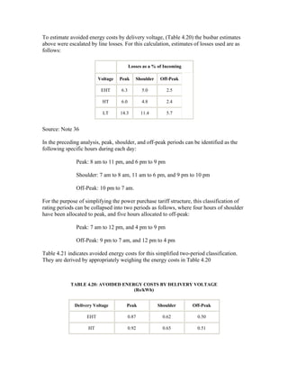 To estimate avoided energy costs by delivery voltage, (Table 4.20) the busbar estimates
above were escalated by line losses. For this calculation, estimates of losses used are as
follows:

                                          Losses as a % of Incoming

                          Voltage   Peak     Shoulder    Off-Peak

                           EHT      6.3          5.0        2.5

                            HT      6.0          4.8        2.4

                            LT      14.3         11.4       5.7


Source: Note 36

In the preceding analysis, peak, shoulder, and off-peak periods can be identified as the
following specific hours during each day:

               Peak: 8 am to 11 pm, and 6 pm to 9 pm

               Shoulder: 7 am to 8 am, 11 am to 6 pm, and 9 pm to 10 pm

               Off-Peak: 10 pm to 7 am.

For the purpose of simplifying the power purchase tariff structure, this classification of
rating periods can be collapsed into two periods as follows, where four hours of shoulder
have been allocated to peak, and five hours allocated to off-peak:

               Peak: 7 am to 12 pm, and 4 pm to 9 pm

               Off-Peak: 9 pm to 7 am, and 12 pm to 4 pm

Table 4.21 indicates avoided energy costs for this simplified two-period classification.
They are derived by appropriately weighing the energy costs in Table 4.20



            TABLE 4.20: AVOIDED ENERGY COSTS BY DELIVERY VOLTAGE
                                    (Rs/kWh)


              Delivery Voltage         Peak             Shoulder      Off-Peak

                    EHT                   0.87            0.62          0.50

                    HT                    0.92            0.65          0.51
 