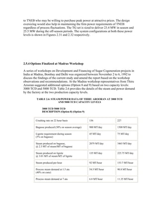 to TNEB who may be willing to purchase peak power at attractive prices. The design
oversizing would also help in maintaining the firm power requirements of TNEB
regardless of process fluctuations. The TG set is sized to deliver 23.4 MW in season and
25.5 MW during the off-season periods. The system configurations at both these power
levels is shown in Figures 2.31 and 2.32 respectively.




2.5.4 Options Finalized at Madras Workshop

A series of workshops on Development and Financing of Sugar Cogeneration projects in
India at Madras, Bombay and Delhi was organized between November 2 to 6, 1992 to
discuss the findings of the current study and amend the report based on the workshop
observations and recommendations. At the Madras workshop representatives from Thiru
Arooran suggested additional options (Option 8 and 9) based on two capacity levels:
3000 TCD and 5000 TCD. Table 2.6 provides the details of the steam and power demand
by the factory at the two production capacity levels.

          TABLE 2.6: STEAM/POWER DATA OF THIRU AROORAN AT 3000 TCD
                         AND 5000 TCD CAPACITY LEVELS

              3000 TCD 5000 TCD
              DESCRIPTION (Option 8) (Option 9)


         Crushing rate on 22 hour basis             136                    227

         Bagasse produced (30% on season average)   900 MT/day             1500 MT/day

         Lignite requirement during season          45 MT/day              75 MT/day
         (5% on bagasse)

         Steam produced on bagasse,                 2079 MT/day            3465 MT/day
         @ 2.3 MT of steam/MT of bagasse

         Steam produced on lignite                  135 MT/day             225.75 MT/day
         @ 3.01 MT of steam/MT of lignite

         Steam produced per hour                    92 MT/hour             153.7 MT/hour

         Process steam demand at 1.5 ata            54.5 MT/hour           90.8 MT/hour
         (40% on cane)

         Process steam demand at 7 ata              6.8 MT/hour            11.35 MT/hour
 