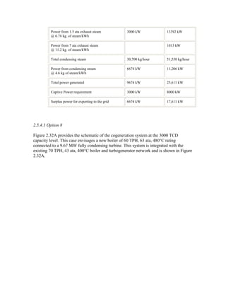 Power from 1.5 ata exhaust steam          3000 kW               13392 kW
         @ 6.78 kg. of steam/kWh

         Power from 7 ata exhaust steam                                  1013 kW
         @ 11.2 kg. of steam/kWh

         Total condensing steam                    30,700 kg/hour        51,550 kg/hour

         Power from condensing steam               6674 kW               11,206 kW
         @ 4.6 kg of steam/kWh

         Total power generated                     9674 kW               25,611 kW

         Captive Power requirement                 3000 kW               8000 kW

         Surplus power for exporting to the grid   6674 kW               17,611 kW




2.5.4.1 Option 8

Figure 2.32A provides the schematic of the cogeneration system at the 3000 TCD
capacity level. This case envisages a new boiler of 60 TPH, 63 ata, 480°C rating
connected to a 9.67 MW fully condensing turbine. This system is integrated with the
existing 70 TPH, 43 ata, 400°C boiler and turbogenerator network and is shown in Figure
2.32A.
 