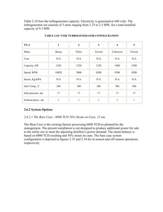 Table 2.10 lists the turbogenerator capacity. Electricity is generated at 440 volts. The
turbogenerator set consists of 5 units ranging from 1.25 to 2.5 MW, for a total installed
capacity of 9.3 MW.

                      TABLE 2.10: VSSK TURBOGENERATOR CONFIGURATION


TG #                          1            2               3             4             5

Make                        Busiq        Elliot         Triveni       Unknown       Triveni

Year                         N/A          N/A            N/A            N/A           N/A

Capacity, kW                1250         1250            1250           1800         2500

Speed, RPM                  10020        5000            8200           9300         8200

Steam, Kg/kWh                N/A          N/A            N/A            N/A           N/A

Inlet Temp., C               300          300             300           300           300

Inlet pressure, ata          17           17              17             17           17

Exhaust press., ata           1            1               1             1             1


2.6.2 System Options

2.6.2.1 The Base Case - 6000 TCD 56% Steam on Cane, 21 ata

The Base Case is the existing factory processing 6000 TCD as planned by the
management. The present installation is not designed to produce additional power for sale
to the utility nor to meet the adjoining distillery's power demand. The steam balance is
based on 6000 TCD crushing and 56% steam on cane. The base case system
configuration is depicted in figures 2.33 and 2.34 for in-season and off-season operations
respectively
 