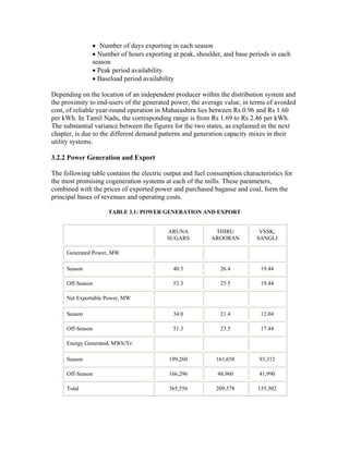• Number of days exporting in each season
               • Number of hours exporting at peak, shoulder, and base periods in each
               season
               • Peak period availability
               • Baseload period availability

Depending on the location of an independent producer within the distribution system and
the proximity to end-users of the generated power, the average value, in terms of avoided
cost, of reliable year-round operation in Maharashtra lies between Rs 0.96 and Rs 1.60
per kWh. In Tamil Nadu, the corresponding range is from Rs 1.69 to Rs 2.46 per kWh.
The substantial variance between the figures for the two states, as explained in the next
chapter, is due to the different demand patterns and generation capacity mixes in their
utility systems.

3.2.2 Power Generation and Export

The following table contains the electric output and fuel consumption characteristics for
the most promising cogeneration systems at each of the mills. These parameters,
combined with the prices of exported power and purchased bagasse and coal, form the
principal bases of revenues and operating costs.

                     TABLE 3.1: POWER GENERATION AND EXPORT


                                          ARUNA             THIRU           VSSK,
                                          SUGARS           AROORAN         SANGLI

     Generated Power, MW

     Season                                  40.5             26.4           19.44

     Off-Season                              53.3             25.5           19.44

     Net Exportable Power, MW

     Season                                  34.0             21.4           12.04

     Off-Season                              51.3             23.5           17.44

     Energy Generated, MWh/Yr.

     Season                                199,260          161,658         93,312

     Off-Season                            166,296           48,960         41,990

     Total                                 365,556          209,578         135,302
 