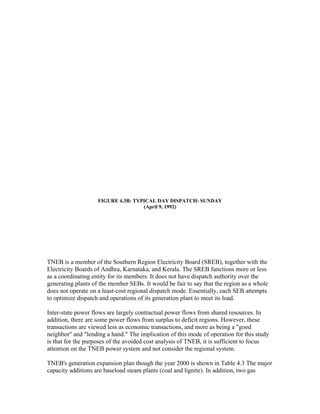 FIGURE 4.3B: TYPICAL DAY DISPATCH: SUNDAY
                                    (April 9, 1992)




TNEB is a member of the Southern Region Electricity Board (SREB), together with the
Electricity Boards of Andhra, Karnataka, and Kerala. The SREB functions more or less
as a coordinating entity for its members. It does not have dispatch authority over the
generating plants of the member SEBs. It would be fair to say that the region as a whole
does not operate on a least-cost regional dispatch mode. Essentially, each SEB attempts
to optimize dispatch and operations of its generation plant to meet its load.

Inter-state power flows are largely contractual power flows from shared resources. In
addition, there are some power flows from surplus to deficit regions. However, these
transactions are viewed less as economic transactions, and more as being a "good
neighbor" and "lending a hand." The implication of this mode of operation for this study
is that for the purposes of the avoided cost analysis of TNEB, it is sufficient to focus
attention on the TNEB power system and not consider the regional system.

TNEB's generation expansion plan though the year 2000 is shown in Table 4.3 The major
capacity additions are baseload steam plants (coal and lignite). In addition, two gas
 