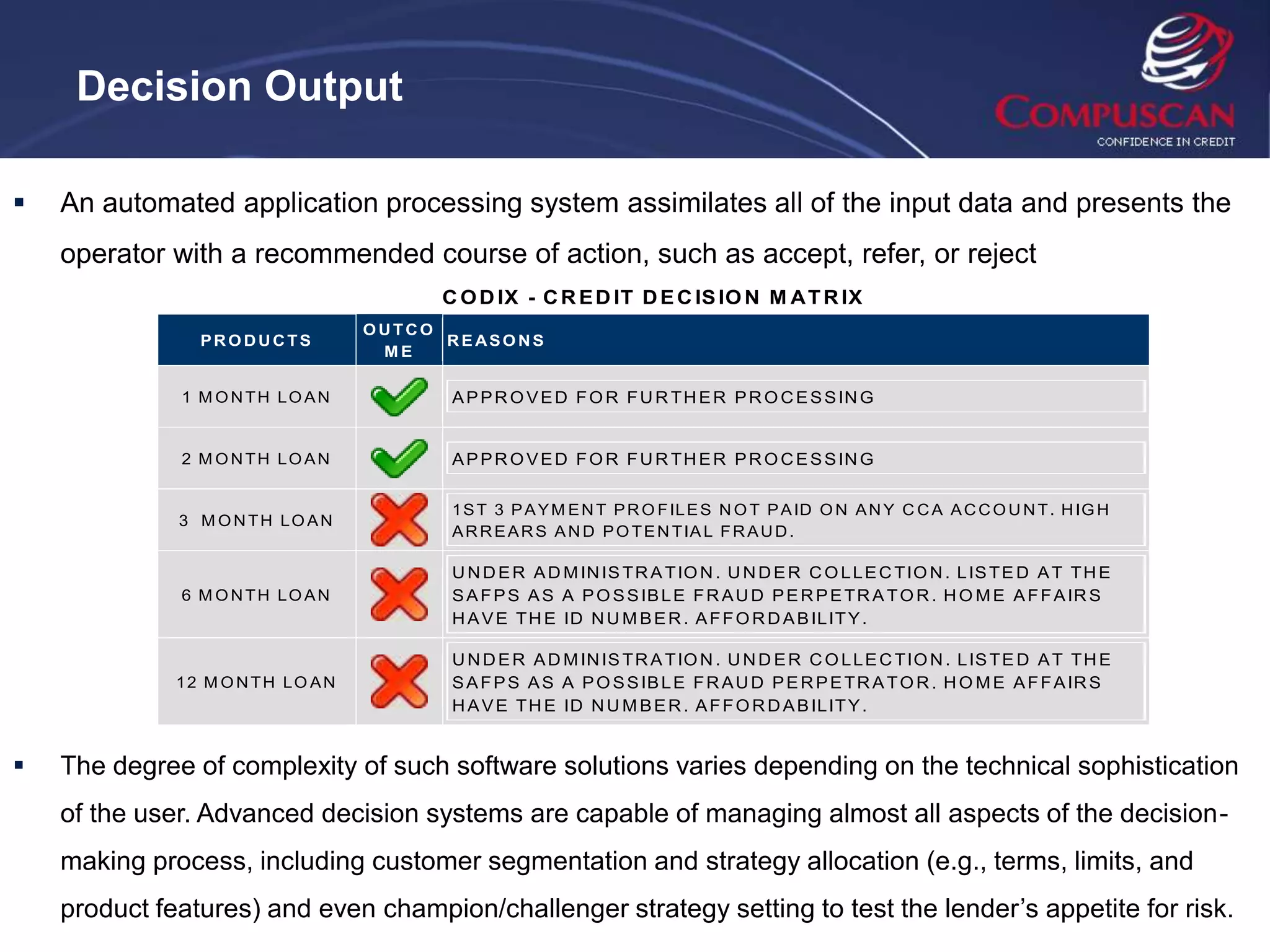 Decision Output

   An automated application processing system assimilates all of the input data and presents the
    operator with a recommended course of action, such as accept, refer, or reject
                                       C O D IX - C R E D IT D E C IS IO N M A T R IX
                                  OUTCO
                PRODUCTS                REASONS
                                   ME

              1 M O N TH LO AN          A P P R O V E D F O R F U R T H E R P R O C E S S IN G


              2 M O N TH LO AN          A P P R O V E D F O R F U R T H E R P R O C E S S IN G


                                        1 S T 3 P A Y M E N T P R O F IL E S N O T P A ID O N A N Y C C A A C C O U N T . H IG H
              3 M O N TH LO AN
                                        A R R E A R S A N D P O T E N T IA L F R A U D .

                                        U N D E R A D M IN IS T R A T IO N . U N D E R C O L L E C T IO N . L IS T E D A T T H E
              6 M O N TH LO AN          S A F P S A S A P O S S IB L E F R A U D P E R P E T R A T O R . H O M E A F F A IR S
                                        H A V E T H E ID N U M B E R . A F F O R D A B IL IT Y .

                                        U N D E R A D M IN IS T R A T IO N . U N D E R C O L L E C T IO N . L IS T E D A T T H E
              12 M O N TH LO AN         S A F P S A S A P O S S IB L E F R A U D P E R P E T R A T O R . H O M E A F F A IR S
                                        H A V E T H E ID N U M B E R . A F F O R D A B IL IT Y .


   The degree of complexity of such software solutions varies depending on the technical sophistication
    of the user. Advanced decision systems are capable of managing almost all aspects of the decision-
    making process, including customer segmentation and strategy allocation (e.g., terms, limits, and
    product features) and even champion/challenger strategy setting to test the lender’s appetite for risk.
 