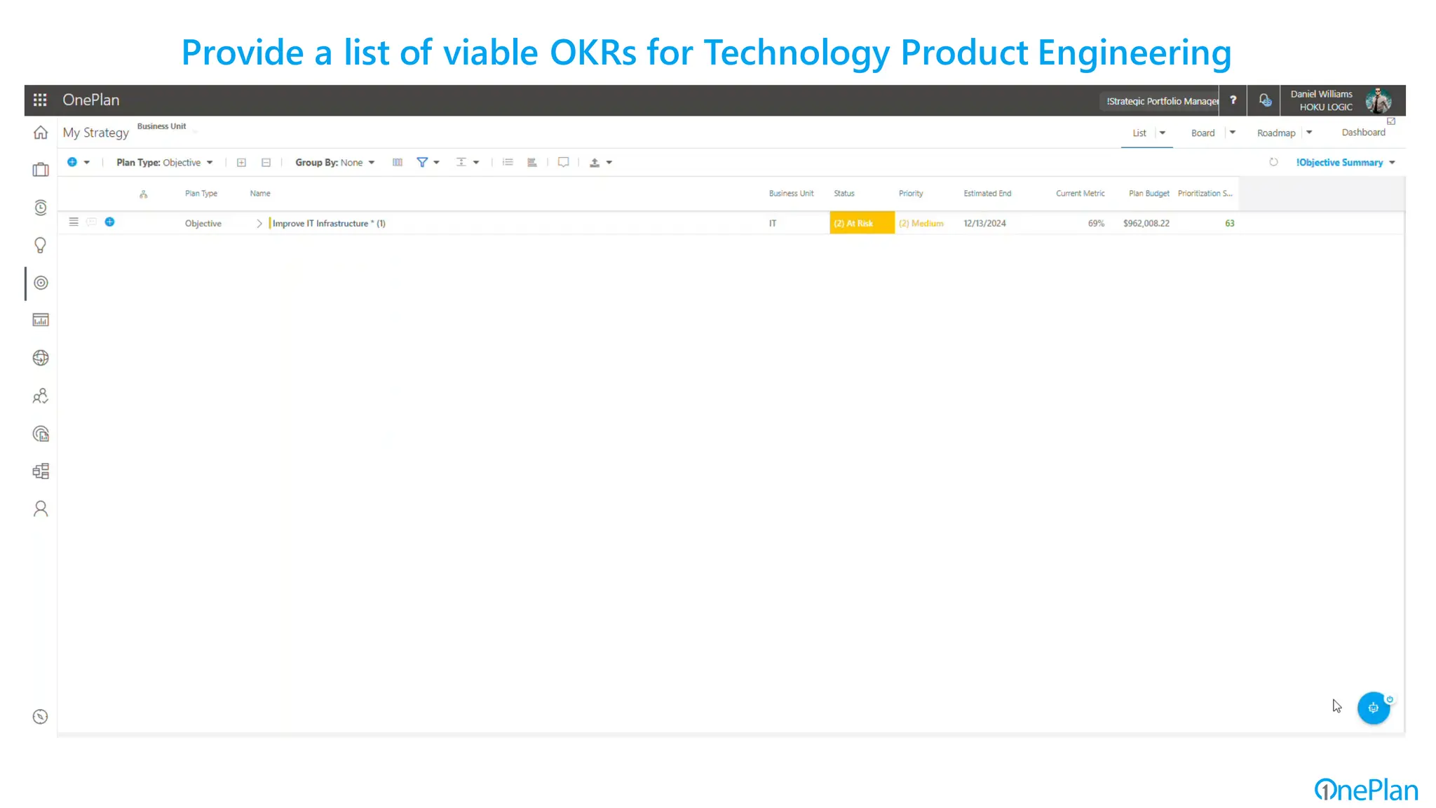 Provide a list of viable OKRs for Technology Product Engineering
 