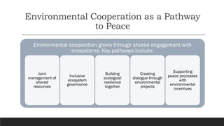 Environmental Cooperation as a Pathway
to Peace
Environmental cooperation grows through shared engagement with
ecosystems. Key pathways include:
Joint
management of
shared
resources
Inclusive
ecosystem
governance
Building
ecological
resilience
together
Creating
dialogue through
environmental
projects
Supporting
peace processes
with
environmental
incentives
 