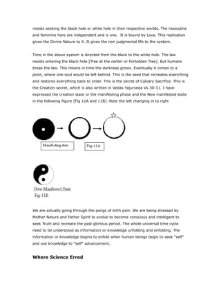 resists seeking the black hole or white hole in their respective worlds. The masculine
and feminine here are independent and is one. It is bound by Love. This realization
gives the Divine Nature to it. It gives the non judgmental life to the system.
Time in the above system is directed from the black to the white hole. The law
resists entering the black hole [Tree at the center or Forbidden Tree]. But humans
break the law. This means in time the darkness grows. Eventually it comes to a
point, where one soul would be left behind. This is the seed that recreates everything
and restores everything back to order. This is the secret of Calvary Sacrifice. This is
the Creation secret, which is also written in Vedas Yajurveda Vs 30-31. I have
expressed the creation state or the manifesting phase and the New manifested state
in the following figure [Fig 11A and 11B]. Note the left changing in to right
We are actually going through the pangs of birth pain. We are being stressed by
Mother Nature and Father Spirit to evolve to become conscious and intelligent to
seek Truth and recreate the past glorious period. The whole universal time cycle
need to be understood as information or knowledge unfolding and enfolding. The
information or knowledge begins to enfold when human beings begin to seek “self”
and use knowledge to “self” advancement.
Where Science Erred
 