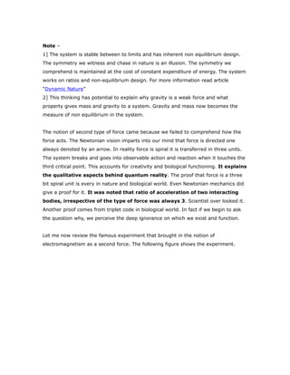 Note –
1] The system is stable between to limits and has inherent non equilibrium design.
The symmetry we witness and chase in nature is an illusion. The symmetry we
comprehend is maintained at the cost of constant expenditure of energy. The system
works on ratios and non-equilibrium design. For more information read article
“Dynamic Nature”
2] This thinking has potential to explain why gravity is a weak force and what
property gives mass and gravity to a system. Gravity and mass now becomes the
measure of non equilibrium in the system.
The notion of second type of force came because we failed to comprehend how the
force acts. The Newtonian vision imparts into our mind that force is directed one
always denoted by an arrow. In reality force is spiral it is transferred in three units.
The system breaks and goes into observable action and reaction when it touches the
third critical point. This accounts for creativity and biological functioning. It explains
the qualitative aspects behind quantum reality. The proof that force is a three
bit spiral unit is every in nature and biological world. Even Newtonian mechanics did
give a proof for it. It was noted that ratio of acceleration of two interacting
bodies, irrespective of the type of force was always 3. Scientist over looked it.
Another proof comes from triplet code in biological world. In fact if we begin to ask
the question why, we perceive the deep ignorance on which we exist and function.
Let me now review the famous experiment that brought in the notion of
electromagnetism as a second force. The following figure shows the experiment.
 