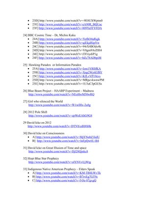 • 23D] http://www.youtube.com/watch?v=-9E8UXWptm0
• 23E] http://www.youtube.com/watch?v=eA90R_BQUac
• 23F] http://www.youtube.com/watch?v=809Ya5FYFDA
24] BBC Cosmic Time – Dr, Michio Kaku
• 24A] http://www.youtube.com/watch?v=YefhO4aRqjk
• 24B] http://www.youtube.com/watch?v=qiEkjdSipYw
• 24C] http://www.youtube.com/watch?v=94rX4BOdx4k
• 24D] http://www.youtube.com/watch?v=V0gm9ArZlH4
• 24E] http://www.youtube.com/watch?v=J3FriydiP1g
• 24F] http://www.youtube.com/watch?v=bZc78ADbpiM
25] Hawking Paradox or Information Paradox
• 25A] http://www.youtube.com/watch?v=Izm1YRIlfKA
• 25B] http://www.youtube.com/watch?v=Xnp2Wy6EfRY
• 25C] http://www.youtube.com/watch?v=KfLvVP19evs
• 25D] http://www.youtube.com/watch?v=MRpcvkwnwPM
• 25E] http://www.youtube.com/watch?v=1U3uC3pGUSs
26] Blue Beam Project – HAARP Experiment – Madness
http://www.youtube.com/watch?v=NEoHwM50wRQ
27] Girl who silenced the World
http://www.youtube.com/watch?v=W1wDIx-2u8g
28] 2012 Pole Shift
http://www.youtube.com/watch?v=zpWoEAhG9G8
29 David Icke on 2012
http://www.youtube.com/watch?v=DTNYcdH8S0k
30] David Icke on Consciousness
• A] http://www.youtube.com/watch?v=MjYNubZ1kdU
• B] http://www.youtube.com/watch?v=lnFpQw6U-B4
31] David Icke on Great Illusion of Time and space
http://www.youtube.com/watch?v=Djl28Qjnkc8
32] Hopi Blue Star Prophecy
http://www.youtube.com/watch?v=olYNVvUjWtg
33] Indigenous Native American Prophecy – Elders Speak
• A] http://www.youtube.com/watch?v=KM-TB4LWvTk
• B] http://www.youtube.com/watch?v=B7rvEg7GT9c
• C] http://www.youtube.com/watch?v=f-Oe-87gvgQ
 