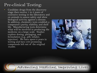 Phases of Clinical Trials:After approval from the FDA, the Clinical Trial is started.  In three phases of clinical trials, which can take anywhere from 2 to 10 years, teams of physicians test a new drug in patients to learn if they are safe and effective.  Only 5 compounds out of the 10,000 became eligible to enter trials. 