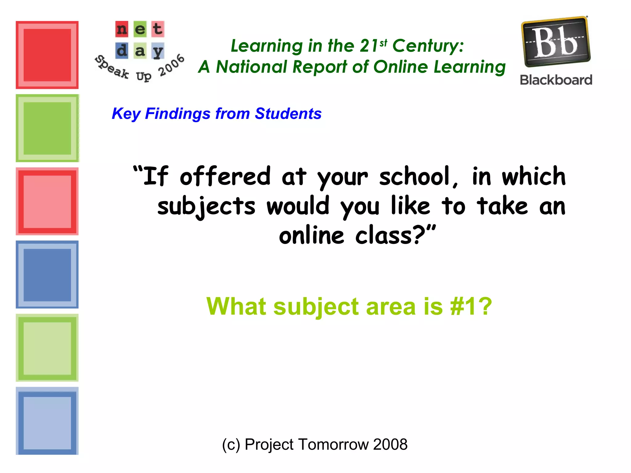 (c) Project Tomorrow 2008
Learning in the 21st
Century:
A National Report of Online Learning
Key Findings from Students
“If offered at your school, in which
subjects would you like to take an
online class?”
What subject area is #1?
 