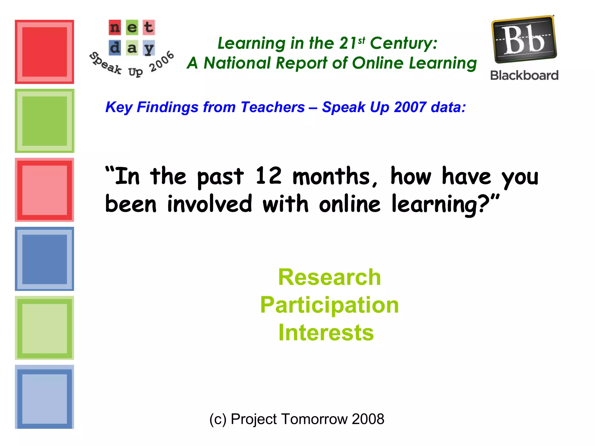 (c) Project Tomorrow 2008
Learning in the 21st
Century:
A National Report of Online Learning
Key Findings from Teachers – Speak Up 2007 data:
“In the past 12 months, how have you
been involved with online learning?”
Research
Participation
Interests
 