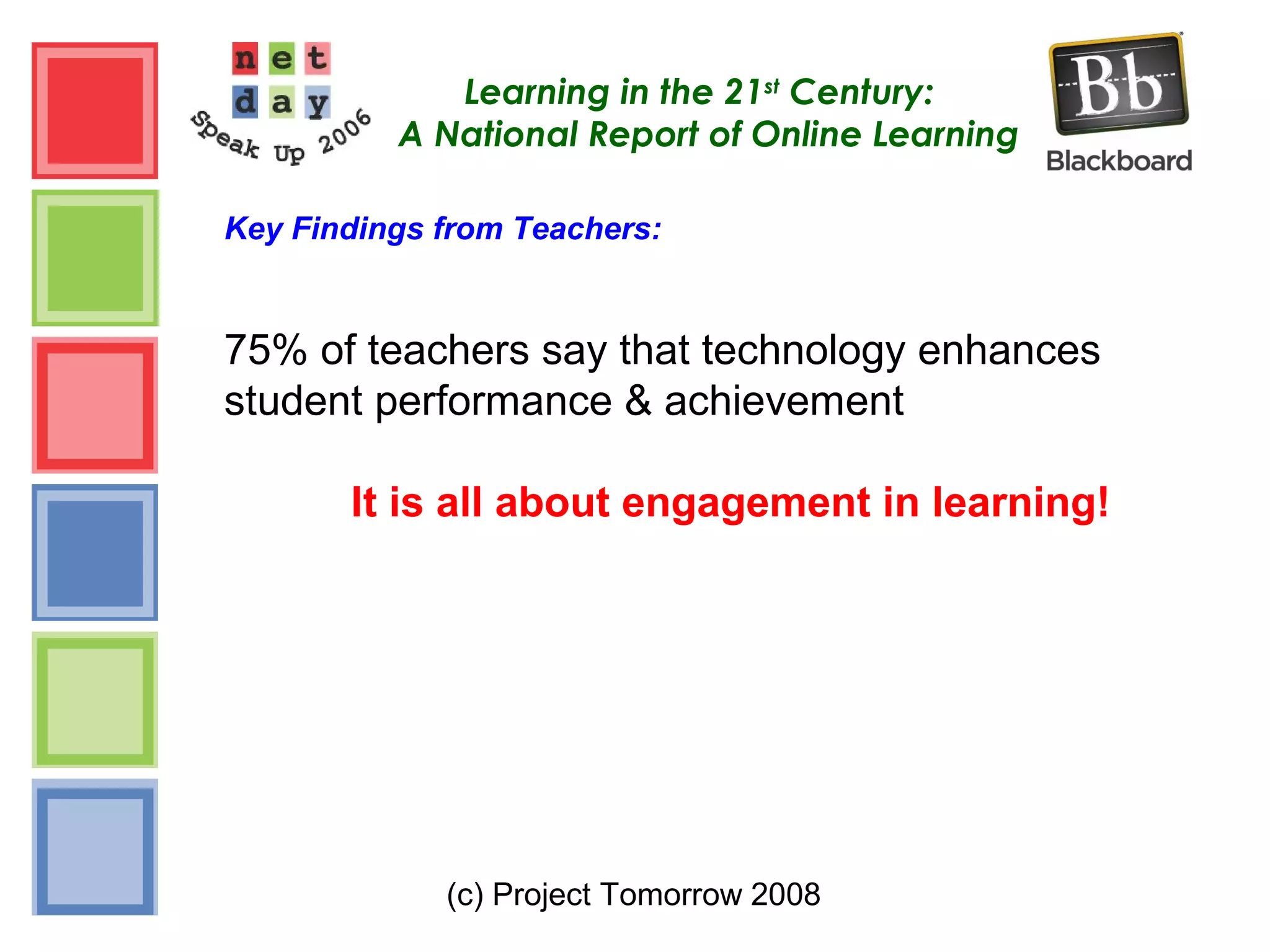 (c) Project Tomorrow 2008
Learning in the 21st
Century:
A National Report of Online Learning
Key Findings from Teachers:
75% of teachers say that technology enhances
student performance & achievement
It is all about engagement in learning!
 