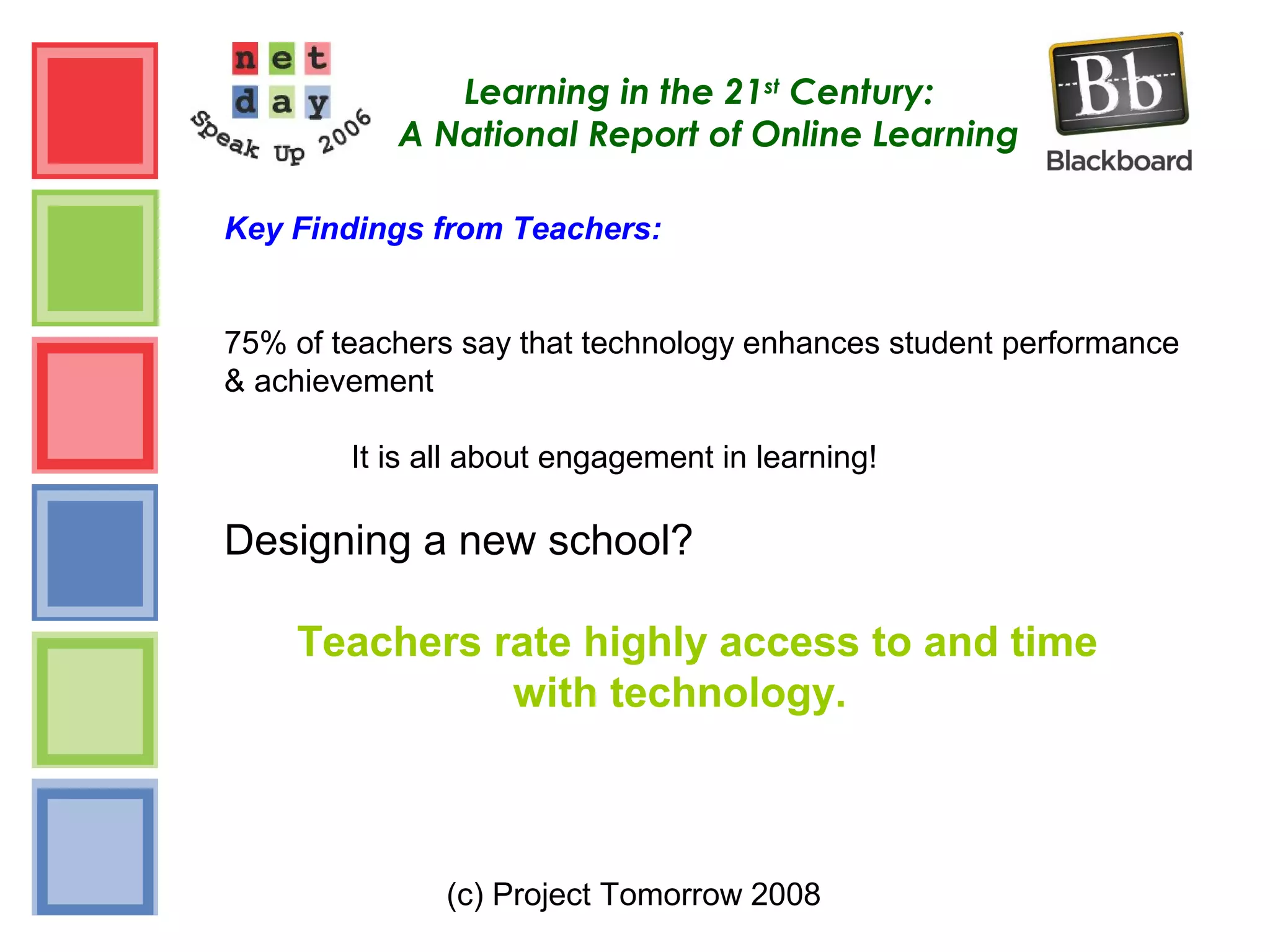 (c) Project Tomorrow 2008
Learning in the 21st
Century:
A National Report of Online Learning
Key Findings from Teachers:
75% of teachers say that technology enhances student performance
& achievement
It is all about engagement in learning!
Designing a new school?
Teachers rate highly access to and time
with technology.
 