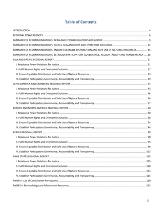 3 
Table of Contents 
INTRODUCTION ............................................................................................................................................................................... 4 
REGIONAL CONVERGENCES ............................................................................................................................................................ 6 
SUMMARY OF RECOMMENDATIONS: REBALANCE POWER RELATIONS FOR JUSTICE ................................................................... 9 
SUMMARY OF RECOMMENDATIONS: FULFILL HUMAN RIGHTS AND OVERCOME EXCLUSION ................................................... 12 
SUMMARY OF RECOMMENDATIONS: ENSURE EQUITABLE DISTRIBUTION AND SAFE USE OF NATURAL RESOURCES ................ 15 
SUMMARY OF RECOMMENDATIONS: ESTABLISH PARTICIPATORY GOVERNANCE, ACCOUNTABILITY AND TRANSPARENCY ..... 18 
ASIA AND PACIFIC REGIONAL REPORT .......................................................................................................................................... 21 
I. Rebalance Power Relations for Justice .................................................................................................................................. 21 
II. Fulfill Human Rights and Overcome Exclusion ..................................................................................................................... 27 
III. Ensure Equitable Distribution and Safe Use of Natural Resources ...................................................................................... 33 
IV. Establish Participatory Governance, Accountability and Transparency .............................................................................. 39 
LATIN AMERICA AND CARIBBEAN REGIONAL REPORT .................................................................................................................. 43 
I. Rebalance Power Relations for Justice .................................................................................................................................. 43 
II. Fulfill Human Rights and Overcome Exclusion ..................................................................................................................... 48 
III. Ensure Equitable Distribution and Safe Use of Natural Resources ...................................................................................... 54 
IV. Establish Participatory Governance, Accountability and Transparency .............................................................................. 57 
EUROPE AND NORTH AMERICA REGIONAL REPORT ..................................................................................................................... 60 
I. Rebalance Power Relations for Justice .................................................................................................................................. 60 
II. Fulfill Human Rights and Overcome Exclusion ..................................................................................................................... 68 
III. Ensure Equitable Distribution and Safe Use of Natural Resources ...................................................................................... 74 
IV. Establish Participatory Governance, Accountability and Transparency .............................................................................. 84 
AFRICA REGIONAL REPORT ........................................................................................................................................................... 90 
I. Rebalance Power Relations for Justice .................................................................................................................................. 90 
II. Fulfill Human Rights and Overcome Exclusion ..................................................................................................................... 95 
III. Ensure Equitable Distribution and Safe Use of Natural Resources ...................................................................................... 98 
IV. Establish Participatory Governance, Accountability and Transparency ............................................................................ 102 
ARAB STATES REGIONAL REPORT ............................................................................................................................................... 105 
I. Rebalance Power Relations for Justice ................................................................................................................................ 105 
II. Fulfill Human Rights and Overcome Exclusion ................................................................................................................... 110 
III. Ensure Equitable Distribution and Safe Use of Natural Resources .................................................................................... 113 
IV. Establish Participatory Governance, Accountability and Transparency ............................................................................ 115 
ANNEX I: List of Consultation Participants .................................................................................................................................. 120 
ANNEX II: Methodology and Information Resources .................................................................................................................. 123  