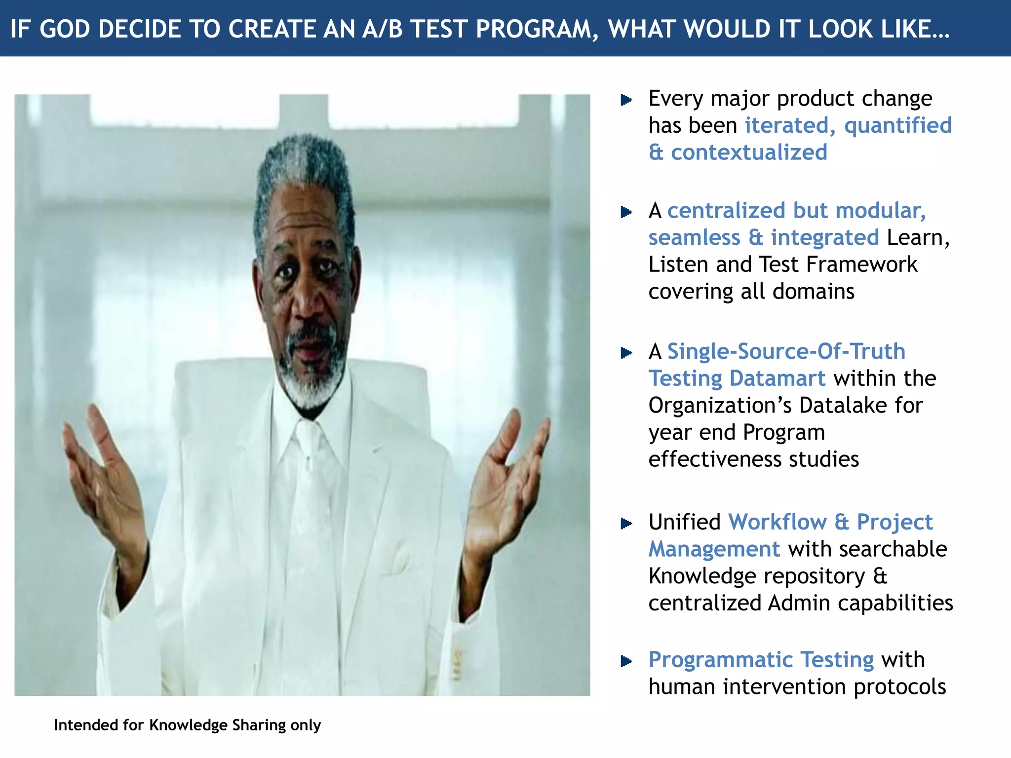 IF GOD DECIDE TO CREATE AN A/B TEST PROGRAM, WHAT WOULD IT LOOK LIKE…
Intended for Knowledge Sharing only
Every major product change
has been iterated, quantified
& contextualized
A centralized but modular,
seamless & integrated Learn,
Listen and Test Framework
covering all domains
A Single-Source-Of-Truth
Testing Datamart within the
Organization’s Datalake for
year end Program
effectiveness studies
Unified Workflow & Project
Management with searchable
Knowledge repository &
centralized Admin capabilities
Programmatic Testing with
human intervention protocols
 