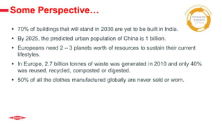 Some Perspective…
 70% of buildings that will stand in 2030 are yet to be built in India.
 By 2025, the predicted urban population of China is 1 billion.
 Europeans need 2 – 3 planets worth of resources to sustain their current
lifestyles.
 In Europe, 2.7 billion tonnes of waste was generated in 2010 and only 40%
was reused, recycled, composted or digested.
 50% of all the clothes manufactured globally are never sold or worn.
 