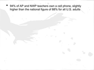 •   94% of AP and NWP teachers own a cell phone, slightly
    higher than the national figure of 88% for all U.S. adults
 