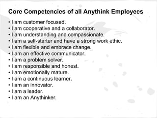 Core Competencies of all Anythink Employees
• I am customer focused.
• I am cooperative and a collaborator.
• I am understanding and compassionate.
• I am a self-starter and have a strong work ethic.
• I am flexible and embrace change.
• I am an effective communicator.
• I am a problem solver.
• I am responsible and honest.
• I am emotionally mature.
• I am a continuous learner.
• I am an innovator.
• I am a leader.
• I am an Anythinker.
 