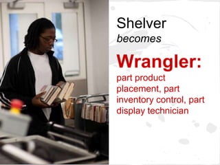Shelver
becomes

Wrangler:
part product
placement, part
inventory control, part
display technician
 
