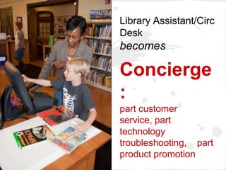 Library Assistant/Circ
Desk
becomes

Concierge
:
part customer
service, part
technology
troubleshooting, part
product promotion
 
