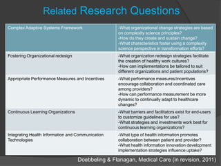 Related Research Questions
Complex Adaptive Systems Framework                  -What organizational change strategies are based
                                                    on complexity science principles?
                                                    -How do they create and sustain change?
                                                    -What characteristics foster using a complexity
                                                    science perspective in transformation efforts?
Fostering Organizational redesign                   -What organization redesign strategies facilitate
                                                    the creation of healthy work cultures?
                                                    -How can implementations be tailored to suit
                                                    different organizations and patient populations?
Appropriate Performance Measures and Incentives     -What performance measures/incentives
                                                    encourage collaboration and coordinated care
                                                    among providers?
                                                    -How can performance measurement be more
                                                    dynamic to continually adapt to healthcare
                                                    changes?
Continuous Learning Organizations                   -What barriers and facilitators exist for end-users
                                                    to customize guidelines for use?
                                                    -What strategies and investments work best for
                                                    continuous learning organizations?
Integrating Health Information and Communication    -What type of health information promotes
Technologies                                        collaboration between patient and provider?
                                                    -What health information innovation development
                                                    implementation strategies influence uptake?

                                    Doebbeling & Flanagan, Medical Care (in revision, 2011)
 