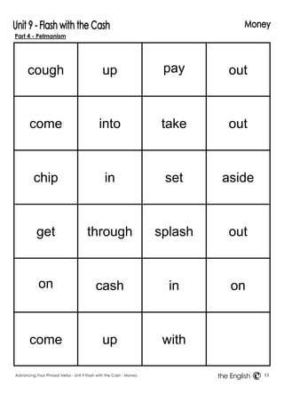 Part 4 - Pelmanism 
Advancing Your Phrasal Verbs - Unit 9 Flash with the Cash - Money 44 
the English 
cough 
up 
pay 
out 
come 
into 
take 
out 
chip 
in 
set 
aside 
get 
through 
splash 
out 
on 
cash 
in 
on 
come 
up 
with 
 