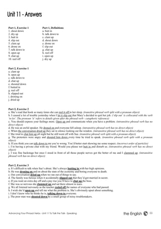 Part 1, Exercise 1 Part 1, Definitions 
1. shout down a. butt in 
2. dry up b. talk down to 
3. butt in c. clam up 
4. slip out d. shout down 
5. clam up e. drone on 
6. drone on f. slip out 
7. talk down to g. chat up 
8. open up h. reel off 
9. chat up i. open up 
10. reel off j. dry up 
Part 2, Exercise 1 
a. clam up 
b. open up 
c. talk down to 
d. chat up 
e. shouted down 
f. butted in 
g. reel off 
h. slipped out 
i. droning on 
j. dried up 
Part 2, Exercise 2 
a. She’s read that book so many times she can reel it off in her sleep. (transitive phrasal verb split with a pronoun object) 
b. I caused a lot of trouble yesterday when I let it slip out that Mary’s decided to quit her job. (‘slip out’ is collocated with the verb 
‘to let’. The pronoun ‘it’ refers to details given after the phrasal verb - cataphoric reference) 
c. You should express your feelings more. Open up and communicate when you have a problem. (intransitive phrasal verb has no 
direct object) 
d. He was an awful speaker. He droned on and everyone fell asleep. (intransitive phrasal verb has no direct object) 
e. When the conversation dried up they sat in silence looking out the window. (intransitive phrasal verb has no direct object) 
f. She tried to chat him up all night but he still went off with Sue. (transitive phrasal verb split with a pronoun object) 
g. The protesters were angry and shouted him down every time he tried to speak. (transitive phrasal verb split with a pronoun 
object) 
h. If you think you can talk down to me you’re wrong. You’d better start showing me some respect. (incorrect order of particles) 
i. I’m having a private chat with my friend. Would you please not butt in and disturb us. (intransitive phrasal verb has no direct 
object) 
j. I was fine backstage but once I stood in front of all those people nerves got the better of me and I clammed up. (intransitive 
phrasal verb has no direct object) 
Part 2, Exercise 3 
a. It’s difficult to talk when Sue’s about. She’s always butting in with her high opinions. 
b. He was droning on and on about the state of the economy and boring everyone to death. 
c. Our conversation dried up when we ran out of things to say. 
d. The family was furious when it accidentally slipped out that they’d got married in secret. 
e. If you want an extra day off and a pay rise you’ll have to chat up the boss. 
f. She was so nervous she clammed up and sat there almost in tears. 
g. We all listened nervously as the teacher reeled off the names of everyone who had passed. 
h. I wish she’d open up and tell me what the problem is. She’s obviously upset about something. 
i. I don’t know who he thinks he is, talking down to everyone. 
j. The poor man was shouted down by a small group of noisy troublemakers. 
Advancing Your Phrasal Verbs - Unit 11 To Talk the Talk - Speaking 55 
the English 
 