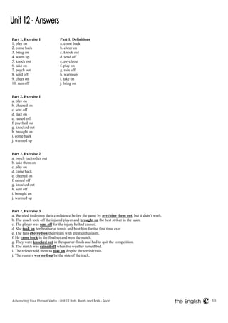 Part 1, Exercise 1 Part 1, Definitions 
1. play on a. come back 
2. come back b. cheer on 
3. bring on c. knock out 
4. warm up d. send off 
5. knock out e. psych out 
6. take on f. play on 
7. psych out g. rain off 
8. send off h. warm up 
9. cheer on i. take on 
10. rain off j. bring on 
Part 2, Exercise 1 
a. play on 
b. cheered on 
c. sent off 
d. take on 
e. rained off 
f. psyched out 
g. knocked out 
h. brought on 
i. come back 
j. warmed up 
Part 2, Exercise 2 
a. psych each other out 
b. take them on 
c. play on 
d. came back 
e. cheered on 
f. rained off 
g. knocked out 
h. sent off 
i. brought on 
j. warmed up 
Part 2, Exercise 3 
a. We tried to destroy their confidence before the game by psyching them out, but it didn’t work. 
b. The coach took off the injured player and brought on the best striker in the team. 
c. The player was sent off for the injury he had caused. 
d. She took on her brother at tennis and beat him for the first time ever. 
e. The fans cheered on their team with great enthusiasm. 
f. He came back in the final set and won the match. 
g. They were knocked out in the quarter-finals and had to quit the competition. 
h. The match was rained off when the weather turned bad. 
i. The referee told them to play on despite the terrible rain. 
j. The runners warmed up by the side of the track. 
Advancing Your Phrasal Verbs - Unit 12 Bats, Boots and Balls - Sport 60 
the English 
 