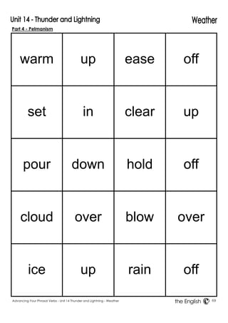 Part 4 - Pelmanism 
warm 
up 
ease 
off 
set 
in 
clear 
up 
pour 
down 
hold 
off 
cloud 
over 
blow 
over 
ice 
up 
rain 
off 
Advancing Your Phrasal Verbs - Unit 14 Thunder and Lightning - Weather 69 
the English 
 