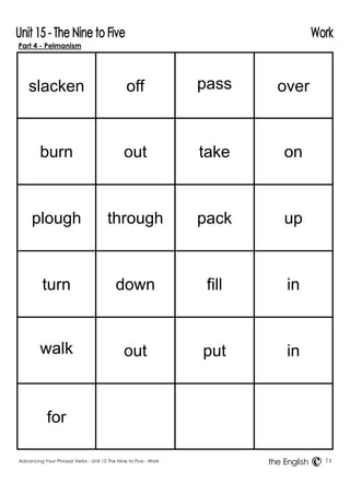 Part 4 - Pelmanism 
Advancing Your Phrasal Verbs - Unit 15 The Nine to Five - Work 74 
the English 
slacken 
off 
pass 
over 
burn 
out 
take 
on 
plough 
through 
pack 
up 
turn 
down 
fill 
in 
walk 
out 
put 
in 
for 
 