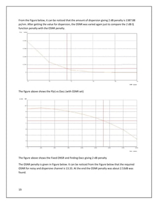 19
From the Figure below, it can be noticed that the amount of dispersion giving 2 dB penalty is 1387.88
ps/nm. After getting the value for dispersion, the OSNR was varied again just to compare the 2 dB Q
function penalty with the OSNR penalty.
The figure above shows the P(e) vs Dacc (with OSNR set)
The figure above shows the Fixed ONSR and finding Dacc giving 2-dB penalty
The OSNR penalty is given in Figure below. It can be noticed from the Figure below that the required
OSNR for noisy and dispersive channel is 13.33. At the end the OSNR penalty was about 2.53dB was
found.
 