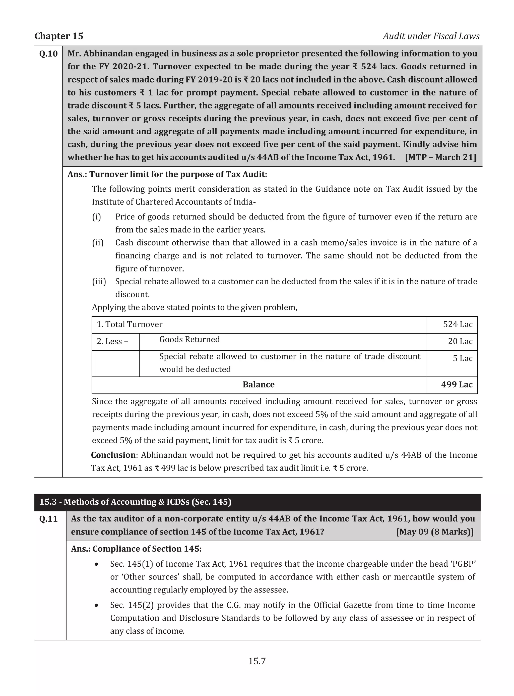 Chapter 15 Audit under Fiscal Laws
15.7
Q.10 Mr. Abhinandan engaged in business as a sole proprietor presented the following information to you
for the FY 2020-21. Turnover expected to be made during the year ₹ 524 lacs. Goods returned in
respect of sales made during FY 2019-20 is ₹ 20 lacs not included in the above. Cash discount allowed
to his customers ₹ 1 lac for prompt payment. Special rebate allowed to customer in the nature of
trade discount ₹ 5 lacs. Further, the aggregate of all amounts received including amount received for
sales, turnover or gross receipts during the previous year, in cash, does not exceed five per cent of
the said amount and aggregate of all payments made including amount incurred for expenditure, in
cash, during the previous year does not exceed five per cent of the said payment. Kindly advise him
whether he has to get his accounts audited u/s 44AB of the Income Tax Act, 1961. [MTP – March 21]
Ans.: Turnover limit for the purpose of Tax Audit:
The following points merit consideration as stated in the Guidance note on Tax Audit issued by the
Institute of Chartered Accountants of India-
(i) Price of goods returned should be deducted from the figure of turnover even if the return are
from the sales made in the earlier years.
(ii) Cash discount otherwise than that allowed in a cash memo/sales invoice is in the nature of a
financing charge and is not related to turnover. The same should not be deducted from the
figure of turnover.
(iii) Special rebate allowed to a customer can be deducted from the sales if it is in the nature of trade
discount.
Applying the above stated points to the given problem,
1. Total Turnover 524 Lac
2. Less – Goods Returned 20 Lac
Special rebate allowed to customer in the nature of trade discount
would be deducted
5 Lac
Balance 499 Lac
Since the aggregate of all amounts received including amount received for sales, turnover or gross
receipts during the previous year, in cash, does not exceed 5% of the said amount and aggregate of all
payments made including amount incurred for expenditure, in cash, during the previous year does not
exceed 5% of the said payment, limit for tax audit is ₹ 5 crore.
Conclusion: Abhinandan would not be required to get his accounts audited u/s 44AB of the Income
Tax Act, 1961 as ₹ 499 lac is below prescribed tax audit limit i.e. ₹ 5 crore.
15.3 - Methods of Accounting & ICDSs (Sec. 145)
Q.11 As the tax auditor of a non-corporate entity u/s 44AB of the Income Tax Act, 1961, how would you
ensure compliance of section 145 of the Income Tax Act, 1961? [May 09 (8 Marks)]
Ans.: Compliance of Section 145:
x Sec. 145(1) of Income Tax Act, 1961 requires that the income chargeable under the head ‘PGBP’
or ‘Other sources’ shall, be computed in accordance with either cash or mercantile system of
accounting regularly employed by the assessee.
x Sec. 145(2) provides that the C.G. may notify in the Official Gazette from time to time Income
Computation and Disclosure Standards to be followed by any class of assessee or in respect of
any class of income.
 