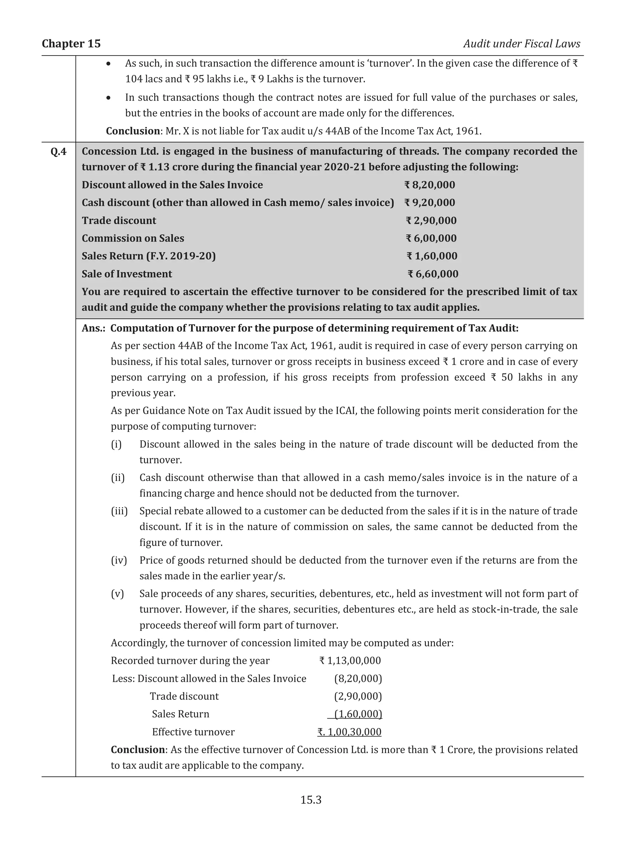 Chapter 15 Audit under Fiscal Laws
15.3
x As such, in such transaction the difference amount is ‘turnover’. In the given case the difference of ₹
104 lacs and ₹ 95 lakhs i.e., ₹ 9 Lakhs is the turnover.
x In such transactions though the contract notes are issued for full value of the purchases or sales,
but the entries in the books of account are made only for the differences.
Conclusion: Mr. X is not liable for Tax audit u/s 44AB of the Income Tax Act, 1961.
Q.4 Concession Ltd. is engaged in the business of manufacturing of threads. The company recorded the
turnover of ₹ 1.13 crore during the financial year 2020-21 before adjusting the following:
Discount allowed in the Sales Invoice ₹ 8,20,000
Cash discount (other than allowed in Cash memo/ sales invoice) ₹ 9,20,000
Trade discount ₹ 2,90,000
Commission on Sales ₹ 6,00,000
Sales Return (F.Y. 2019-20) ₹ 1,60,000
Sale of Investment ₹ 6,60,000
You are required to ascertain the effective turnover to be considered for the prescribed limit of tax
audit and guide the company whether the provisions relating to tax audit applies.
Ans.: Computation of Turnover for the purpose of determining requirement of Tax Audit:
As per section 44AB of the Income Tax Act, 1961, audit is required in case of every person carrying on
business, if his total sales, turnover or gross receipts in business exceed ₹ 1 crore and in case of every
person carrying on a profession, if his gross receipts from profession exceed ₹ 50 lakhs in any
previous year.
As per Guidance Note on Tax Audit issued by the ICAI, the following points merit consideration for the
purpose of computing turnover:
(i) Discount allowed in the sales being in the nature of trade discount will be deducted from the
turnover.
(ii) Cash discount otherwise than that allowed in a cash memo/sales invoice is in the nature of a
financing charge and hence should not be deducted from the turnover.
(iii) Special rebate allowed to a customer can be deducted from the sales if it is in the nature of trade
discount. If it is in the nature of commission on sales, the same cannot be deducted from the
figure of turnover.
(iv) Price of goods returned should be deducted from the turnover even if the returns are from the
sales made in the earlier year/s.
(v) Sale proceeds of any shares, securities, debentures, etc., held as investment will not form part of
turnover. However, if the shares, securities, debentures etc., are held as stock-in-trade, the sale
proceeds thereof will form part of turnover.
Accordingly, the turnover of concession limited may be computed as under:
Recorded turnover during the year ₹ 1,13,00,000
Less: Discount allowed in the Sales Invoice (8,20,000)
Trade discount (2,90,000)
Sales Return (1,60,000)
Effective turnover ₹. 1,00,30,000
Conclusion: As the effective turnover of Concession Ltd. is more than ₹ 1 Crore, the provisions related
to tax audit are applicable to the company.
 