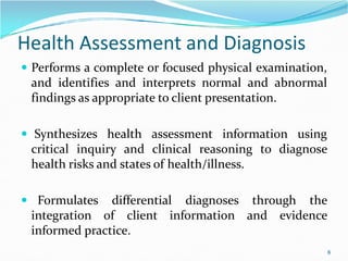 Health Assessment and Diagnosis
 Performs a complete or focused physical examination,
and identifies and interprets normal and abnormal
findings as appropriate to client presentation.
 Synthesizes health assessment information using
 Synthesizes health assessment information using
critical inquiry and clinical reasoning to diagnose
health risks and states of health/illness.
 Formulates differential diagnoses through the
integration of client information and evidence
informed practice.
8
 