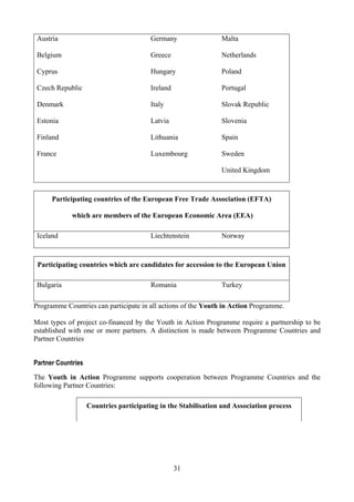 Austria                                 Germany                Malta

 Belgium                                 Greece                 Netherlands

 Cyprus                                  Hungary                Poland

 Czech Republic                          Ireland                Portugal

 Denmark                                 Italy                  Slovak Republic

 Estonia                                 Latvia                 Slovenia

 Finland                                 Lithuania              Spain

 France                                  Luxembourg             Sweden

                                                                United Kingdom



      Participating countries of the European Free Trade Association (EFTA)

             which are members of the European Economic Area (EEA)

 Iceland                                 Liechtenstein          Norway



 Participating countries which are candidates for accession to the European Union

 Bulgaria                                Romania                Turkey

Programme Countries can participate in all actions of the Youth in Action Programme.

Most types of project co-financed by the Youth in Action Programme require a partnership to be
established with one or more partners. A distinction is made between Programme Countries and
Partner Countries


Partner Countries

The Youth in Action Programme supports cooperation between Programme Countries and the
following Partner Countries:

                    Countries participating in the Stabilisation and Association process




                                                   31
 