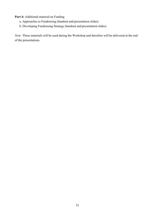 Part 4: Additional material on Funding
   a. Approaches to Fundraising (handout and presentation slides)
   b. Developing Fundraising Strategy (handout and presentation slides)

Note: These materials will be used during the Workshop and therefore will be delivered at the end
of the presentations.




                                                51
 