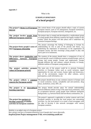 Appendix 3

                                              What is the

                                      EUROPEAN DIMENSION
                                       of a local project?

The project’s theme is of European The central theme of the project should reflect a topic of current
interest                           European interest, such as UE enlargement, European institutions,
                                          European projects, European elections, immigration, etc.

The project involve people from The project idea is created and developed by a multicultural group
different European countries    of young people (from different countries but legally resident in the
                                          country where the project will take place) and it underlines the
                                          common European heritage.

                                     The project encourage the feeling of belonging to Europe by
The project foster people’s sense of understanding its role as part of the present and future, e.g.
their European citizenship           underlining the importance of democracy in the organisation of
                                     European society and thus encourage young people to play and
                                     active part in its institutions.

The project shows similarities and The creation of the project should show a comparison of one or
differences between European several specific issues in different countries around Europe, such as
countries                          Europe and young people, Europe and employment, Europe
                                          through different arts and cultures, cultural diversity in Europe,
                                          different realities of European young people, etc.

The project activities promote The main aim of the project could be to promote European
values of European priority    priorities or European values such as social inclusion, equal
                                          opportunities for men and women, human rights and democracy,
                                          care of the environment, respect for other cultures, active
                                          participation, youth information, etc.

The project reflects a common The project should focus on any common concern in Europe such
concern for European society  as social exclusion, racism, xenophobia and anti-semitism, drug
                                          abuse, alcoholism, crime, HIV, etc.

The project is an intercultural The project should provide space for mutual understanding
learning experience             between different cultures living in the same local community, such
                                          as co-operation between young people from different immigrant
                                          backgrounds, e.g. between Roma and non-Roma communities, etc.

                                          The project’s approach is applicable to similar contexts and it has
The project has partners to               European partners to develop the local project into networking
develop a network of similar              activities, e.g. the local project is to create a local newspaper with
activities in European countries          the idea to develop it into network newspaper with various
                                          European countries.


Mobility is an added value of a European project.
But a project can have a European dimension even if people don’t move physically.
Inspired from Project management T-kit, www.training-youth.net

                                                   64
 