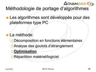 Méthodologie de portage d’algorithmesLes algorithmes sont développés pour des plateformes type PCLa méthode:Décomposition en fonctions élémentairesAnalyse des goulots d’étranglementOptimisationRépartition matériel/logicielMEITO, Rennes15Avril 2010