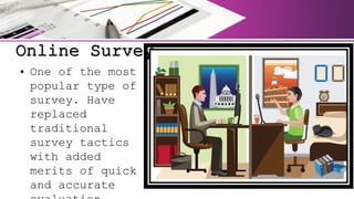 Online Survey
• One of the most
popular type of
survey. Have
replaced
traditional
survey tactics
with added
merits of quick
and accurate
 