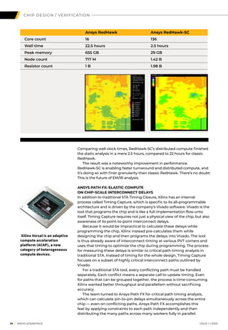 CHIP DESIGN / VERIFICATION
Comparing wall clock times, RedHawk-SC’s distributed compute finished
the static analysis in a mere 2.5 hours, compared to 22 hours for classic
RedHawk.
	 The result was a noteworthy improvement in performance.
RedHawk-SC is enabling faster turnaround and distributed compute, and
it’s doing so with finer granularity than classic RedHawk. There’s no doubt:
This is the future of EM/IR analysis.
ANSYS PATH FX: ELASTIC COMPUTE
ON CHIP-SCALE INTERCONNECT DELAYS
In addition to traditional STA Timing Closure, Xilinx has an internal
process called Timing Capture, which is specific to its all-programmable
architecture and is driven by the company’s Vivado software. Vivado is the
tool that programs the chip and is like a full implementation flow unto
itself. Timing Capture requires not just a physical view of the chip, but also
awareness of its point-to-point interconnect delays.
	 Because it would be impractical to calculate these delays while
programming the chip, Xilinx instead pre-calculates them while
designing the chip and then programs the delays into Vivado. The tool
is thus already aware of interconnect timing at various PVT corners and
uses that timing to optimize the chip during programming. The process
for measuring these delays is similar to critical path timing analysis in
traditional STA. Instead of timing for the whole design, Timing Capture
focuses on a subset of highly critical interconnect paths outlined by
Vivado.
	 For a traditional STA tool, every conflicting path must be handled
separately. Each conflict means a separate call to update timing. Even
for paths that can be grouped together, the process is time-consuming.
Xilinx wanted better throughput and parallelism without sacrificing
accuracy.
	 The team turned to Ansys Path FX for critical path timing analysis,
which can calculate pin-to-pin delays simultaneously across the entire
chip — even on conflicting paths. Ansys Path FX accomplishes this
feat by applying constraints to each path independently and then
distributing the many paths across many workers fully in parallel.
	34 I ANSYS ADVANTAGE	 ISSUE 1 | 2020
		 Ansys RedHawk 	 Ansys RedHawk-SC
	 Core count	 16	 136
	 Wall time	 22.5 hours	 2.5 hours
	 Peak memory	 655 GB	 29 GB
	 Node count	 717 M	 1.42 B
	 Resistor count	 1 B	 1.98 B
Xilinx Versal is an adaptive
compute acceleration
platform (ACAP), a new
category of heterogeneous
compute devices.
 