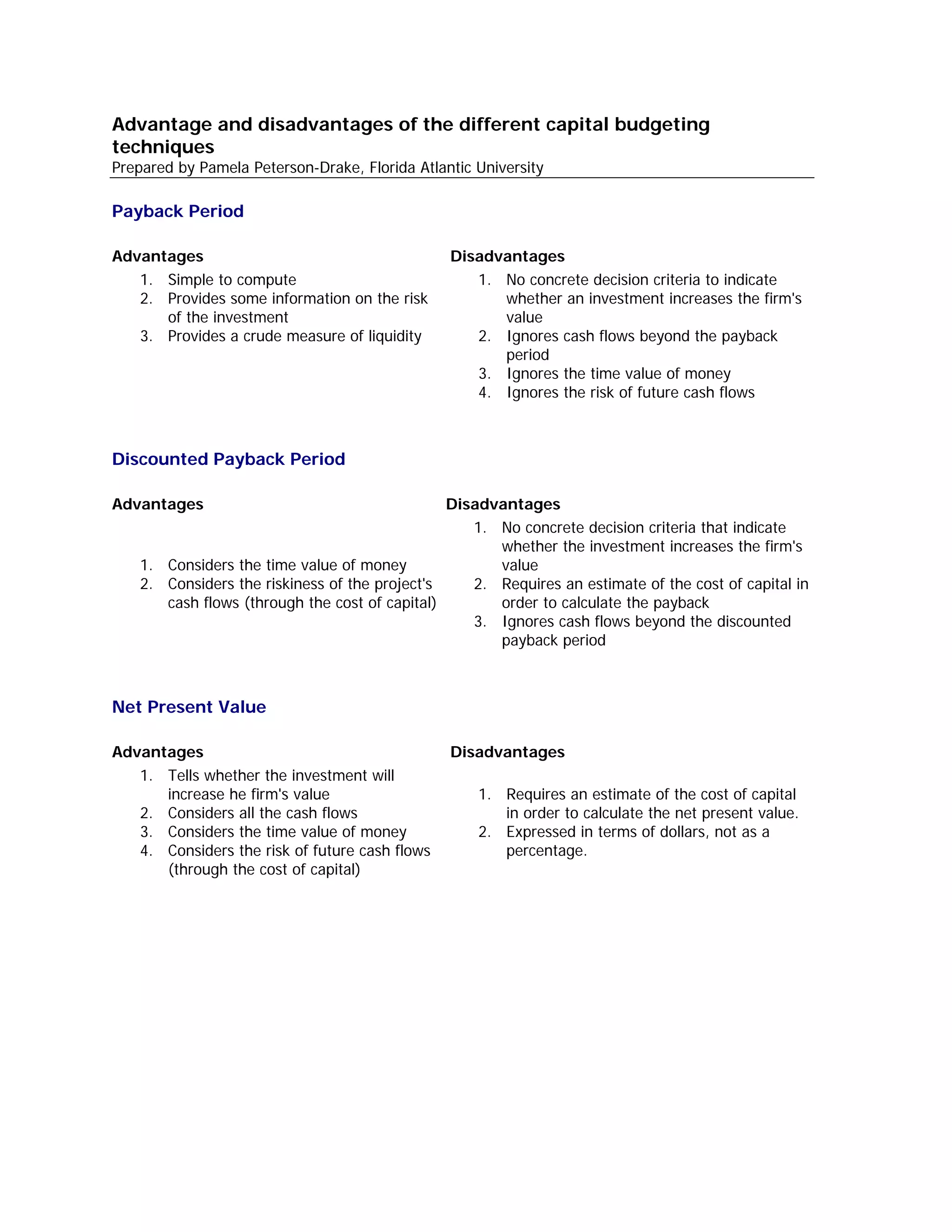 Advantage and disadvantages of the different capital budgeting ...