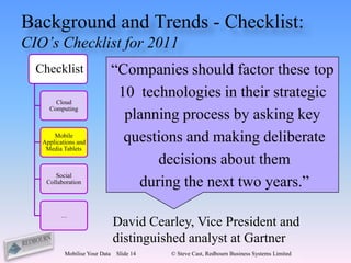 Background and Trends - Checklist:
CIO’s Checklist for 2011
  Checklist                     “Companies should factor these top
       Cloud
                                 10 technologies in their strategic
     Computing
                                  planning process by asking key
       Mobile
   Applications and               questions and making deliberate
    Media Tablets

                                       decisions about them
                                    during the next two years.”
       Social
    Collaboration




         …
                                David Cearley, Vice President and
                                distinguished analyst at Gartner
           Mobilise Your Data   Slide 14   © Steve Cast, Redbourn Business Systems Limited
 