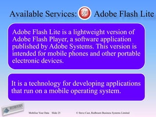 Available Services:                                  Adobe Flash Lite

Adobe Flash Lite is a lightweight version of
Adobe Flash Player, a software application
published by Adobe Systems. This version is
intended for mobile phones and other portable
electronic devices.


It is a technology for developing applications
that run on a mobile operating system.

      Mobilise Your Data   Slide 25   © Steve Cast, Redbourn Business Systems Limited
 